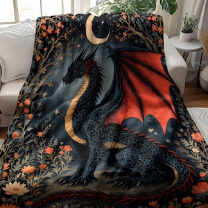 Dragon Blanket with Moon and Stars, Cozy Mythical Creature Throw, Fantasy Home Decor, Unique Dragon Lover Gift, Warm Bed Cover