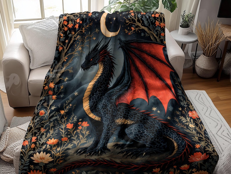 Dragon Blanket with Moon and Stars, Cozy Mythical Creature Throw, Fantasy Home Decor, Unique Dragon Lover Gift, Warm Bed Cover