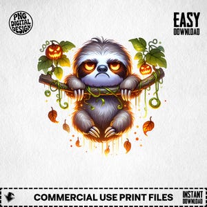 May include: A digital design featuring a grumpy sloth hanging from a branch, surrounded by Halloween-themed elements. The sloth has a stern expression and glowing orange eyes. The design includes pumpkins, leaves, and the text "PNG DIGITAL DESIGN" and "EASY DOWNLOAD".