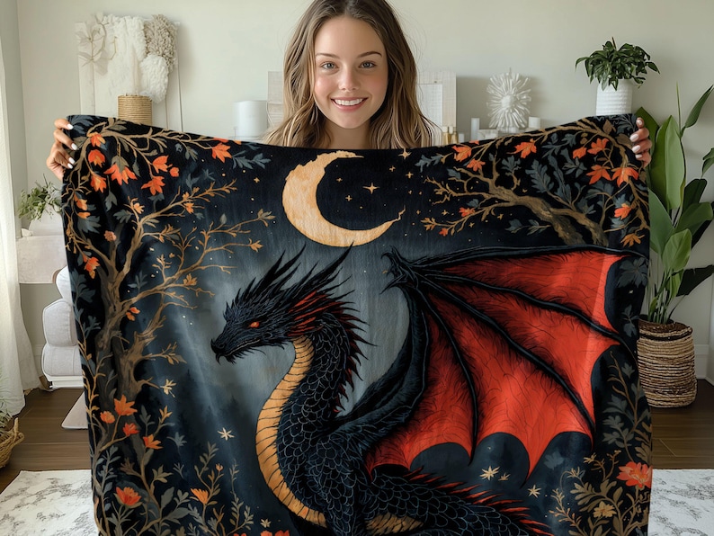 Moonlit Dragon Tapestry, Dark Fantasy Wall Art, Witchy Room Decor, Gothic Home Decor, Dragon Lover Gift, Halloween Decoration