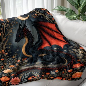 Dragon Throw Blanket with Red Wings, Fantasy Decor, Cozy Couch Blanket, Mythical Creature Design, Unique Gift for Dragon Lovers