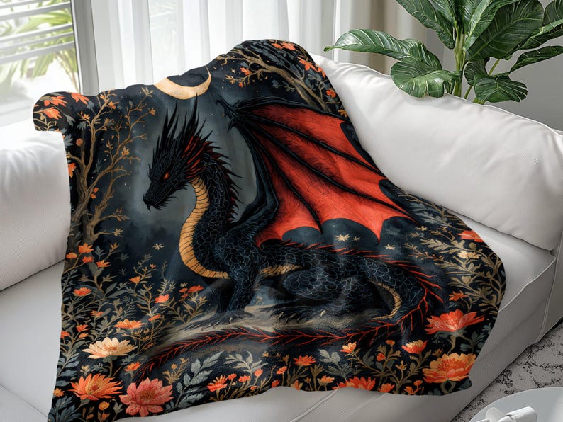 Dragon Throw Blanket with Red Wings, Fantasy Decor, Cozy Couch Blanket, Mythical Creature Design, Unique Gift for Dragon Lovers