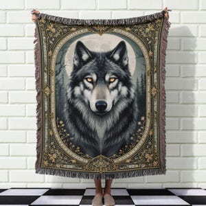 Wolf Woven Blanket, Gothic Wolf Decor, Nature Lover Gift, Rustic Cabin Throw, Cozy Home Accent, Bedroom Decor Blanket, Woodland Theme