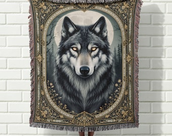 Gothic Wolf Woven Blanket, Rustic Cabin Decor Throw