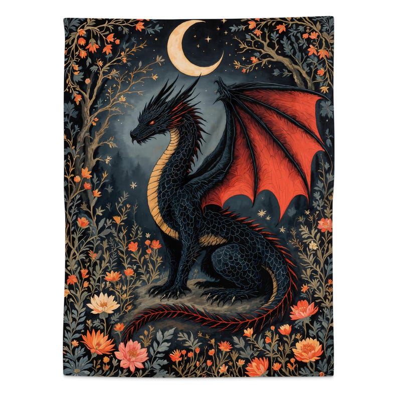 Dragon Blanket, Moonlit Dragon Art Throw, Mythical Dragon Tapestry, Fantasy Creature Home Decor, Cozy Dragon Gift Blanket