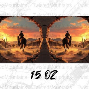 Southwestern Cowboy Mug Wrap Design, Digital Download PNG File, 11oz 15oz Mug Design, Western Sunset Horseback Scene