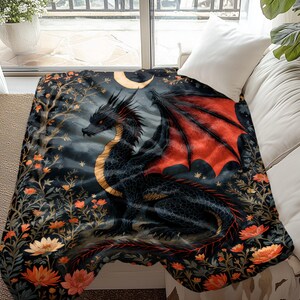 Mystical Dragon Blanket, Cozy Black and Red Dragon Throw, Fantasy Creature Blanket, Unique Dragon Gift, Warm and Soft Bedding Accessory