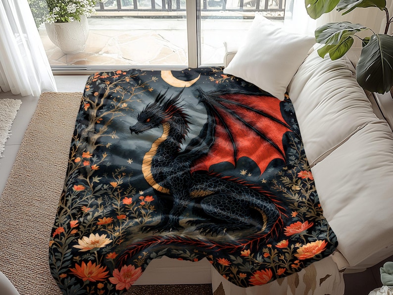 Mystical Dragon Blanket, Cozy Black and Red Dragon Throw, Fantasy Creature Blanket, Unique Dragon Gift, Warm and Soft Bedding Accessory
