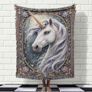 Unicorn Woven Blanket, Mystical Horse Tapestry, Fantasy Unicorn Decor, Cozy Unicorn Throw, Whimsical Bedroom Blanket