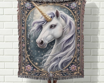 Unicorn Woven Blanket, Mystical Horse Tapestry, Fantasy Decor