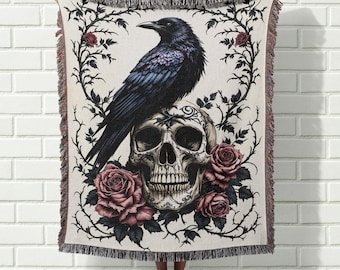 Gothic Raven Skull Woven Throw Blanket: Dark Art Home Decor
