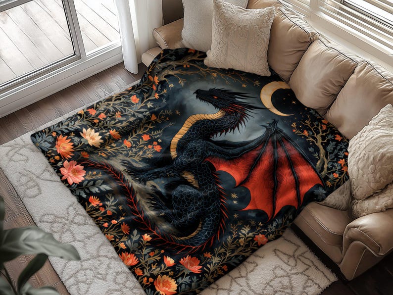 Dragon Throw Blanket, Cozy Dragon Blanket, Fantasy Dragon Home Decor, Mythical Dragon Art Blanket, Unique Dragon Gift Idea