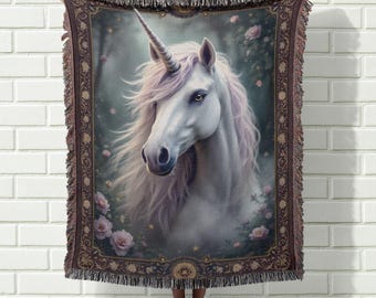 Mystical Unicorn Fleece Blanket, Floral Fantasy Art Throw