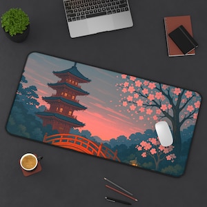 Serene Landscape Desk Mat, Japanese Cherry Blossom Design, Perfect for Home Office, Gamer Gift, Meditation Space, Work Station Decor