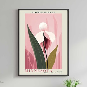 Minnesota Pink Lady&#39;s Slipper Flower Market Print Poster Set of 4, Minnesota Flower Botanical Wall Art, Printable Wall Art, Digital Download