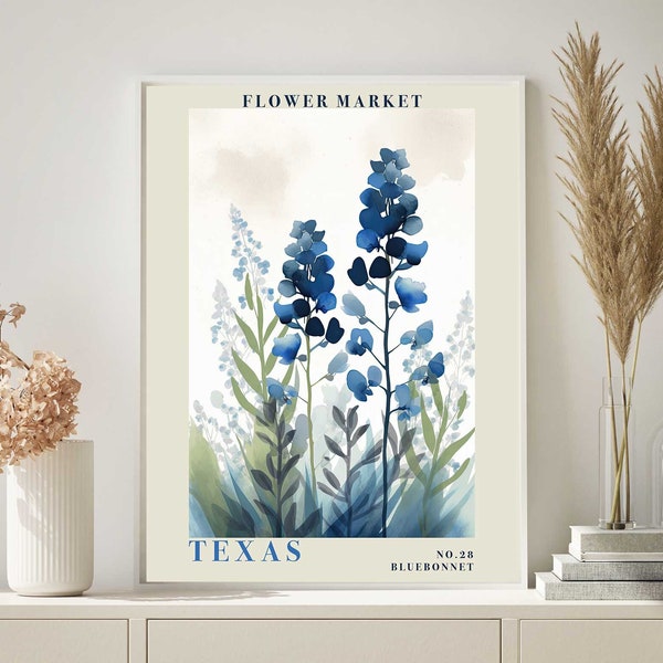 Texas Bluebonnet Flower Market Print Poster, 101, Texas State Flower Botanical Wall Art, Printable Wall Art, Digital Print Download
