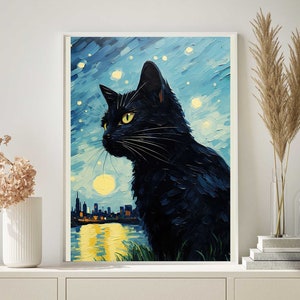 Van Gogh's The Starry Night Black Cat poster, Digital Print Download, Beautiful Home Decor, Printable Wall Art | 107