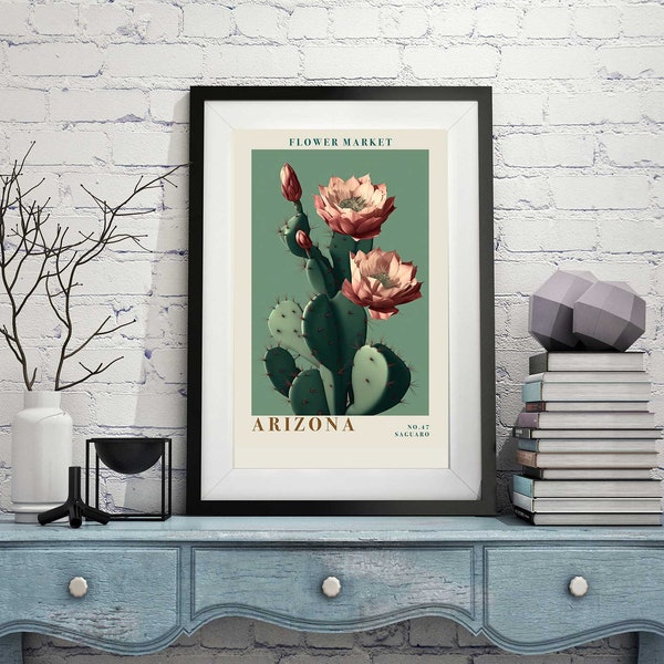 Arizona Saguaro Flower Market Print Poster, Version Two, Arizona State Flower Botanical Wall Art, Printable Wall Art, Digital Print Download