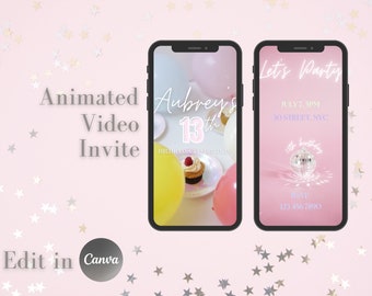 May include: A pink and white animated video invitation for a 13th birthday party. The invitation features a cupcake with a pink and white frosting and a raspberry on top. The text on the invitation reads "Aubrey's 13th Birthday Celebration". The second image shows a pink background with the text "Let's Party" in white. The text "July 7, 5PM" and "30 Street, NYC" are also on the invitation. The text "RSVP 123-456-7890" is at the bottom of the invitation.