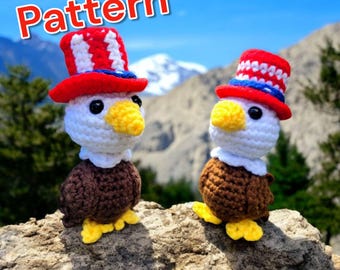 Può includere: Due giocattoli amigurumi di aquila calva all'uncinetto che indossano cappelli patriottici rosso, bianco e blu. Le aquile sono in piedi su una roccia con una catena montuosa sullo sfondo.