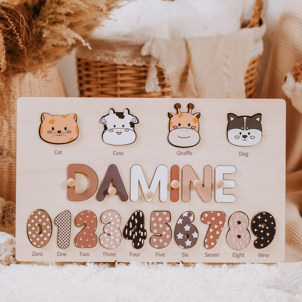 Personalized name puzzle with animal and numbers, Unique christmas gifts, Educational gift for learning number animal,  Wood name puzzle