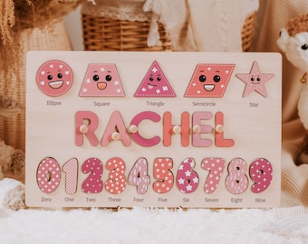 Personalized name puzzle with numbers and shapes, educational name puzzle, 1st birthday gifts for kids, wood name puzzle for kids