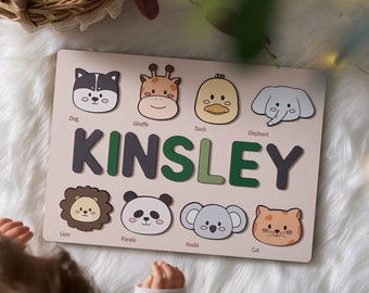 Customizable wooden puzzle - personalized name puzzle for toddlers - educational toy with cute and colorful animals