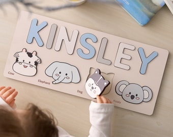 Customizable wooden puzzle - personalized name puzzle for toddlers - educational toy with cute and colorful animals