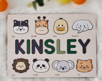 Customizable wooden puzzle - personalized name puzzle for toddlers - educational toy with cute and colorful animals