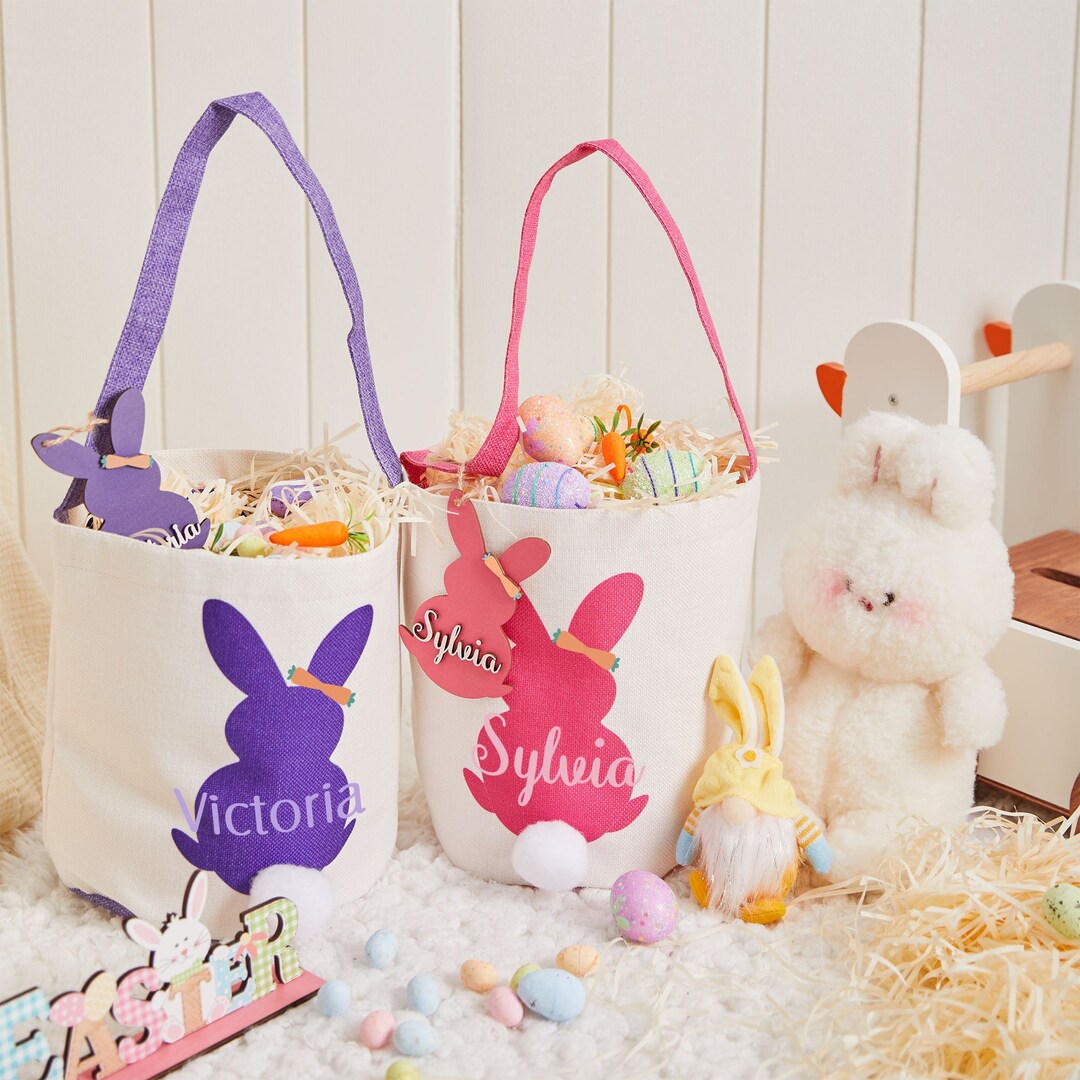 Personalized Bunny Easter Basket With Name - Custom Canvas Egg Bag For Kids Candy