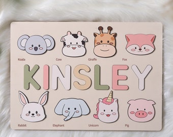 Customizable wooden puzzle - personalized name puzzle for toddlers - educational toy with cute and colorful animals