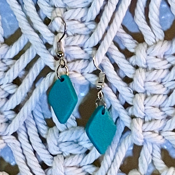 Handmade polymer clay green shimmer diamond-shape dangle earrings