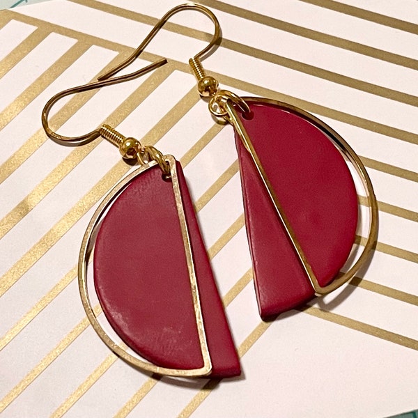 Handmade polymer clay red and gold half-circle dangle earrings