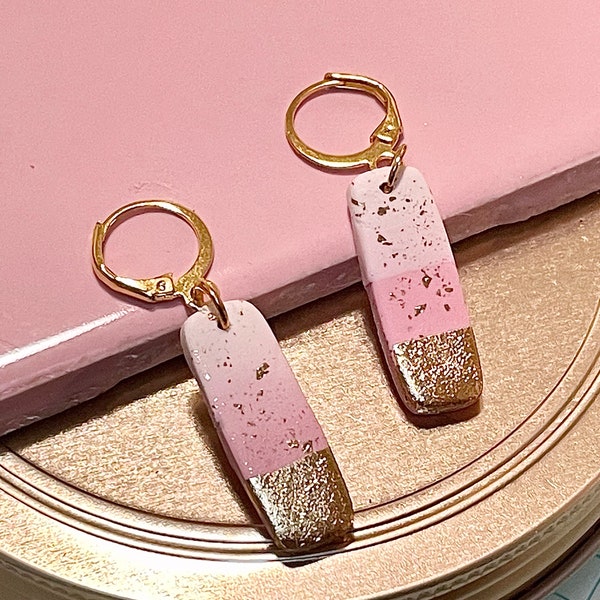 Handmade polymer clay pink white and gold geometric lever back dangle earrings