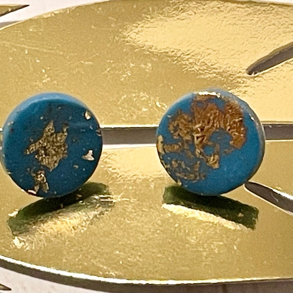 Handmade polymer clay blue and gold circle stud earrings