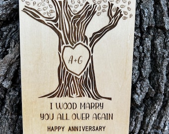Custom Anniversary Wood Card, Personalized Initials Tree, 5th Anniversary