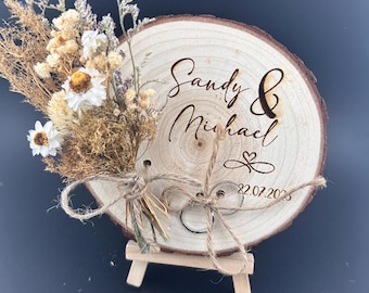 Wooden Wedding Ring Holder: Laser Engraved, Dried Flowers