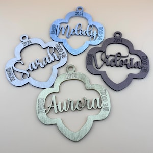 Girl Scout Ornament, Personalized Gold Silver Bronze Daisy Troop Sign, Junior, Cadette, 2024 Girl Scout awards