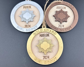 Girl Scout Award Ornament,  Gold Silver Bronze Award Daisy Troop Sign, wooden award wooden ornament, troop scout award ornaments