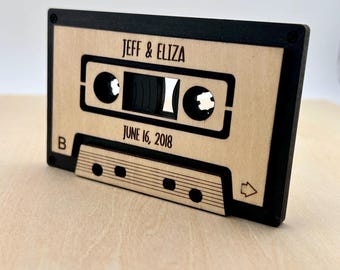 Personalized Wooden Cassette Tape Keepsake - Custom Names & Date Engraved