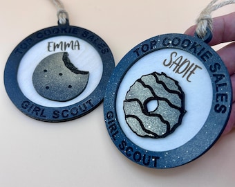 Personalized Girl Scout Top Cookie Sales Award Ornament: Laser Cut Wood