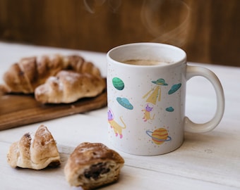 Funny Cat UFO in Starry Sky Mug, Space Cats Ceramic Coffee Cup