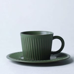Handmade Ceramic Coffee Cup and Saucer Set: Striped Rough Clay