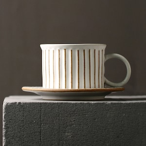 Handmade Ceramic Coffee Cup and Saucer Set: Striped Pottery Drinkware