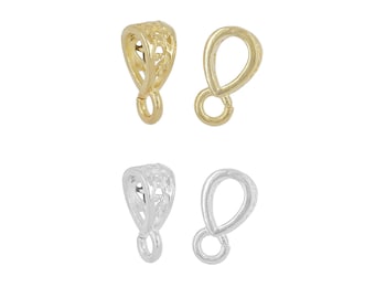 2PC Sterling Silver Extra Small Openwork Filigree Pendant Clasp Bail Connector with Open Loop, Available In Bright Silver / 18kt Gold Plated