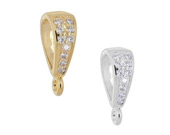 1PC Sterling Silver CZ Pendant Connector Bail Clasp, Available in Bright Silver and Gold Plated