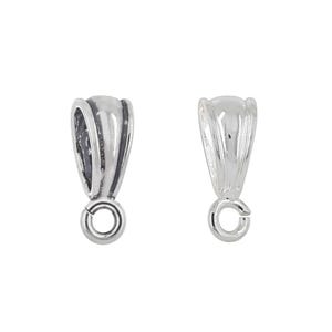 May include: Two silver-colored pendant bails. Each bail has a rounded top and a small loop at the bottom for attaching to a chain or cord. The bails are designed to hold a pendant.
