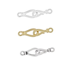 May include: Three silver and gold lobster clasps, each with a unique design. These clasps are perfect for adding a touch of elegance to jewelry projects.