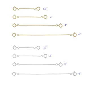 May include: A set of gold and silver chain extenders in various lengths, including 1.5 inches, 2 inches, 3 inches, and 4 inches.
