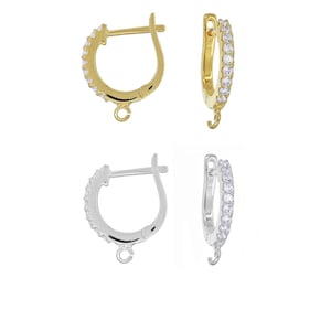 May include: Two pairs of earring findings with a hinged hoop design. One pair is gold-toned with clear cubic zirconia stones, the other pair is silver-toned with clear cubic zirconia stones.